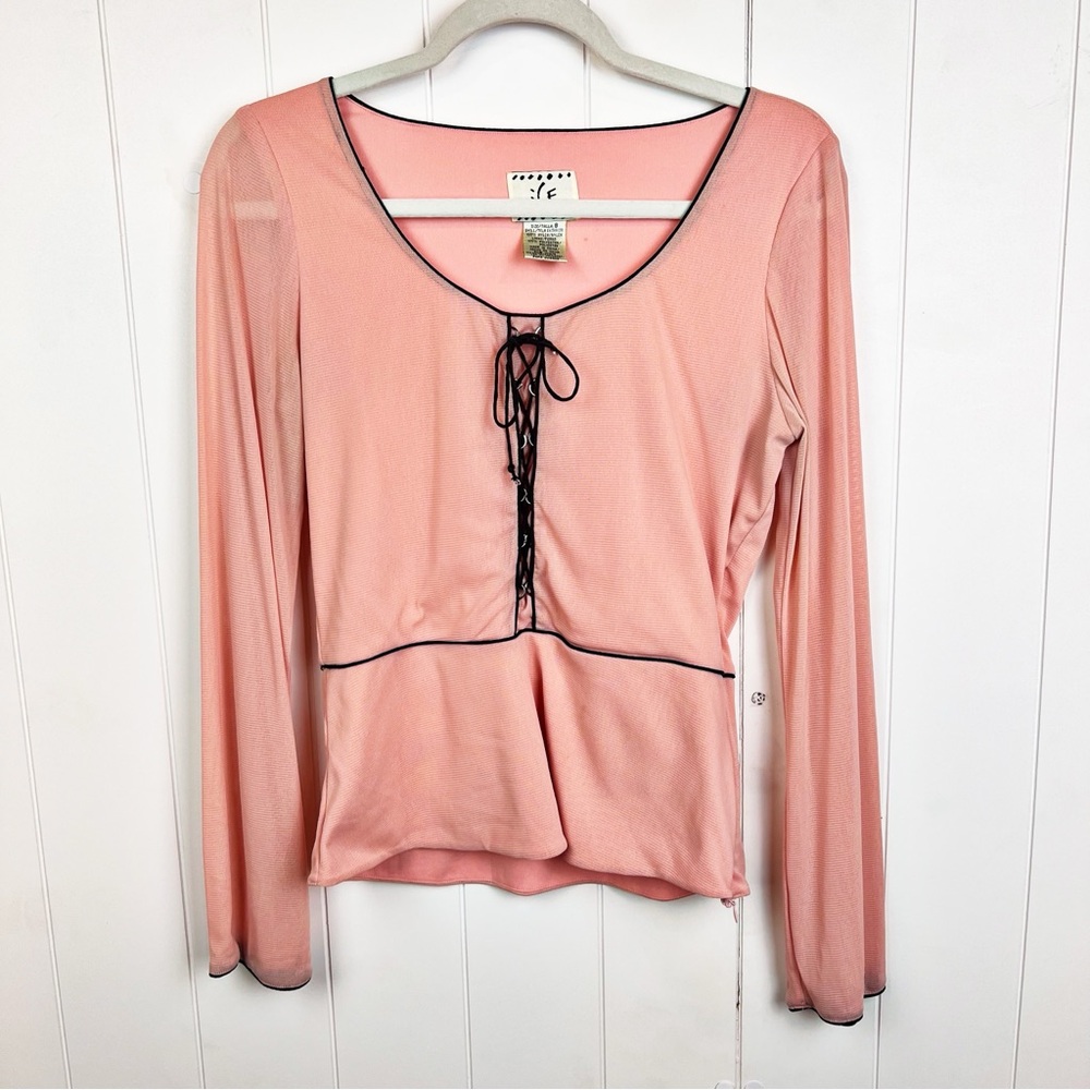 Vintage Peasant Blouse Pink Fairy‎ Coquette Gauzy Lace-up Long Sleeve Top